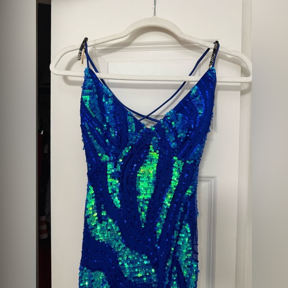 Windsor Blue and Green Sequin Prom Dress - Picture 3 of 8